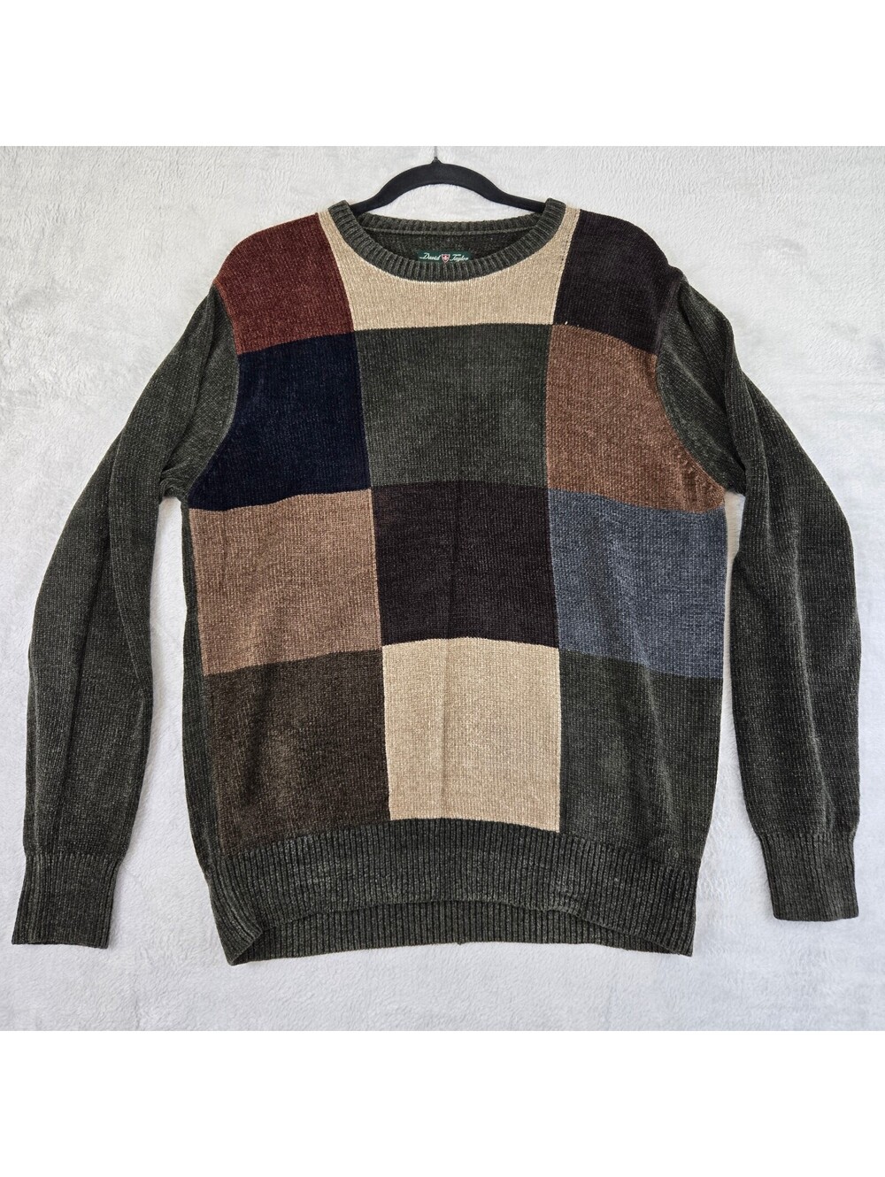 David Taylor Color Block Crew Neck Sweater Olive Brown Size S Knit